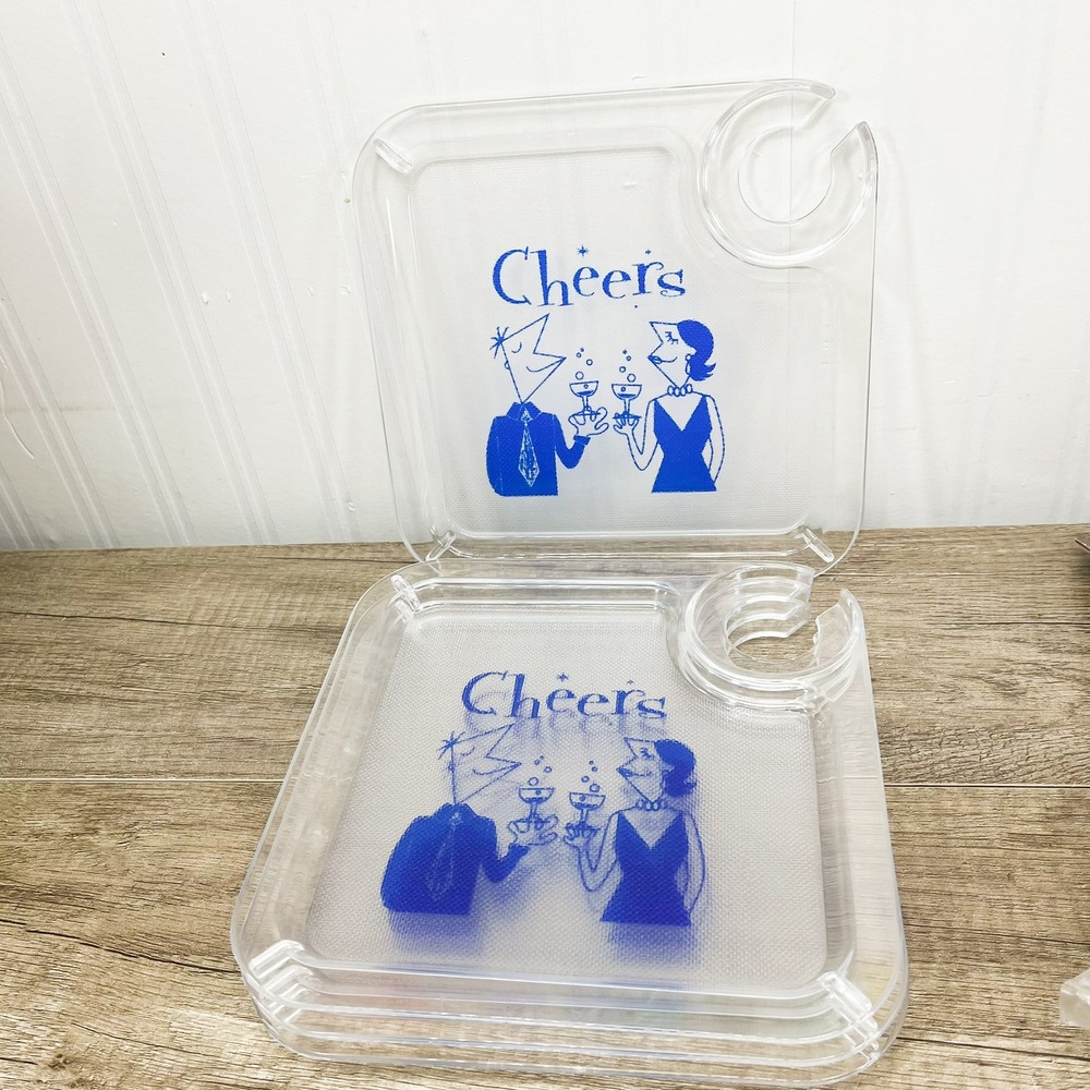 Vintage Acrylic Appetizer Trays - Cheers Wine Glass Holders Set of 4